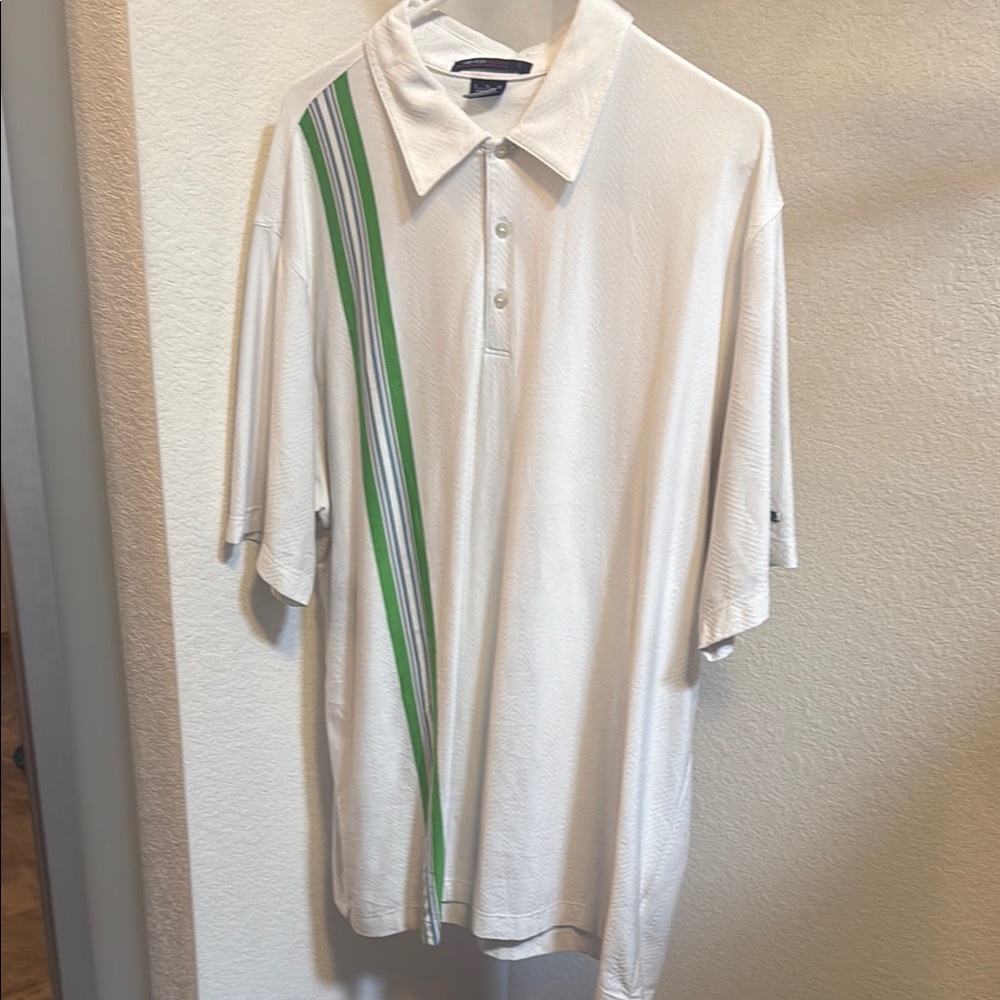 Nike White and Green Polo Shirt with Asymmetrical Stripe